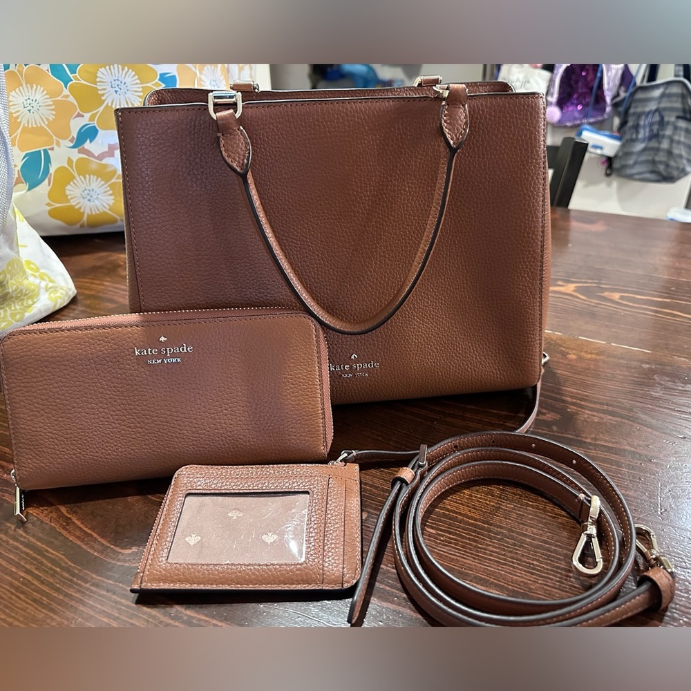 Kate Spade brown pebble leather Leila medium satchel with wallet and wristlet